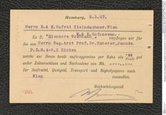 Nachlass Franz Steindachner, Postkarte von W. Homann & Co. an Franz Steindachner (08.05.1907), Inv.Nr. 193.12, Seite 2